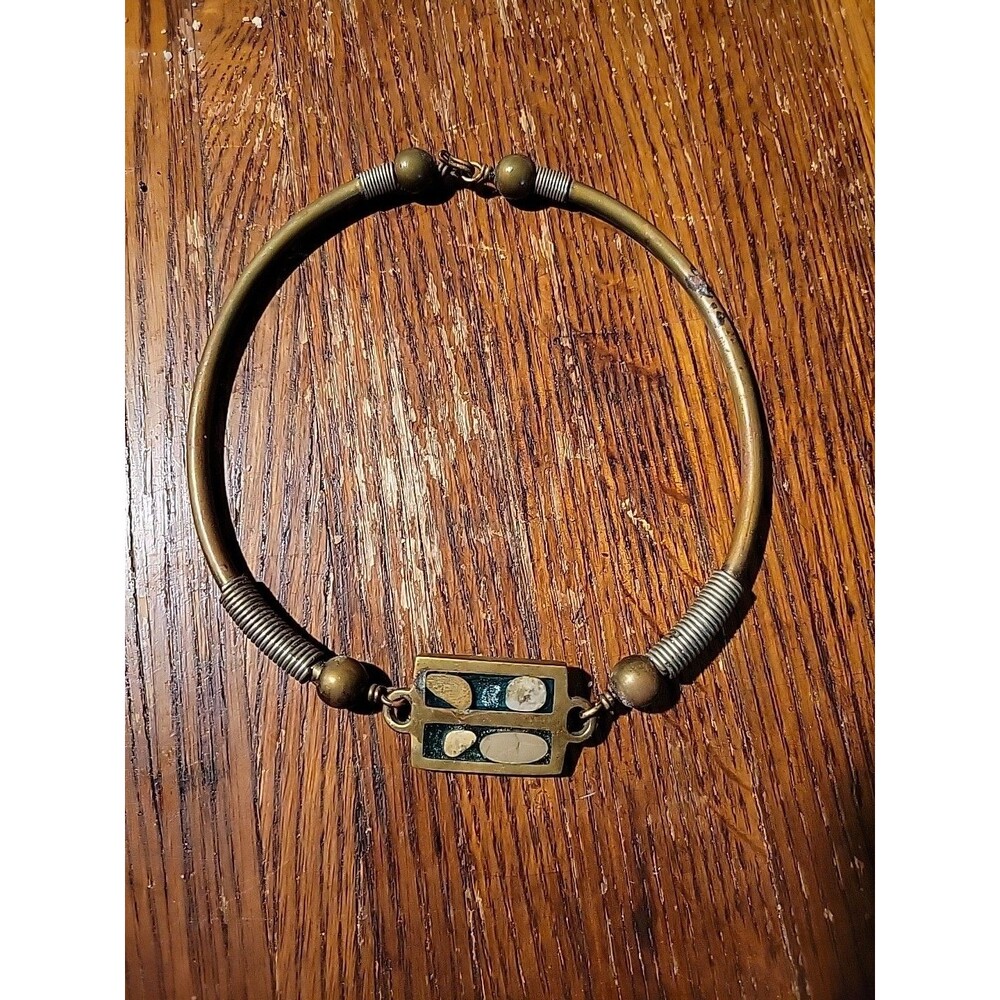 Vtg Artisan Handmade Brass Choker Necklace Inlay Stones Hippie Boho Green READ